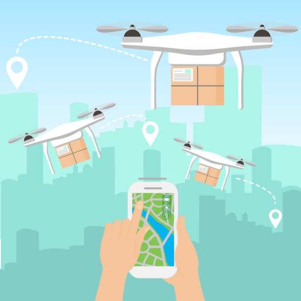 Vector illustration of hands launching few delivery drones with packages by smartphone in front of the skyline of a big modern city with skyscrapers in flat cartoon style. Vector illustration of hands launching few delivery drones with packages by smartphone in front of the skyline of a big modern city with skyscrapers in flat cartoon style drone designs stock illustrations