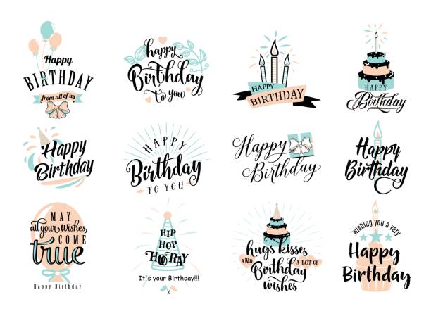 Vector illustration of Happy Birthday badge set Vector illustration of Happy Birthday badge set. Design element for greeting cards, banner, print with lettering typography text sign, quote, cake, candle, gift, balloon isolated on white background birthday drawings stock illustrations