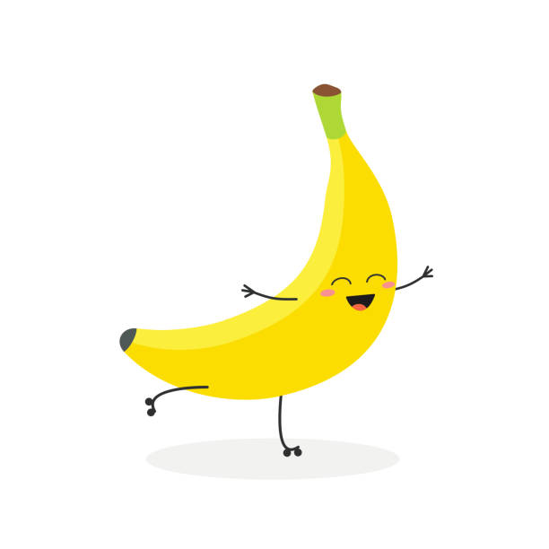 Vector illustration of happy cartoon banana rollerblading Funny happy cartoon banana riding on roller skates. Vector flat illustration isolated on white background banana clipart stock illustrations