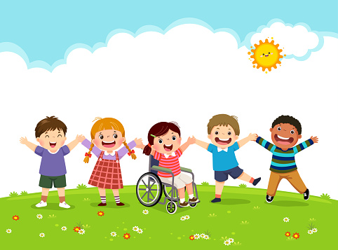 Vector illustration of happy disabled girl in a wheelchair and her friends jumping together.