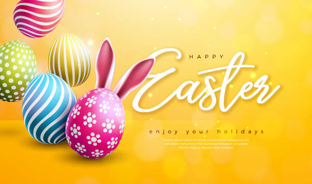 Vector Illustration of Happy Easter Holiday with Colorful Painted Egg on Shiny Yellow Background. International Celebration Design with Typography for Greeting Card, Party Invitation or Promo Banner. Vector Illustration of Happy Easter Holiday with Colorful Painted Egg on Shiny Yellow Background. International Celebration Design with Typography for Greeting Card, Party Invitation or Promo Banner easter sunday stock illustrations