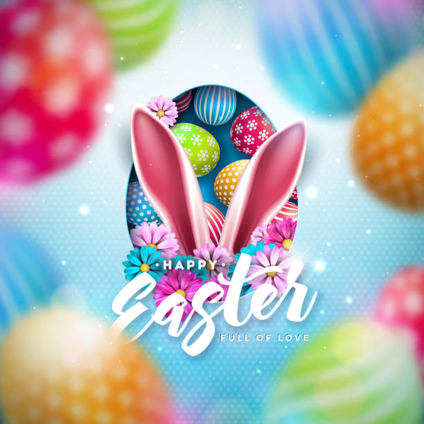 Vector Illustration of Happy Easter Holiday with Colorful Painted Egg and Rabbit Ear on Shiny Light Background. International Celebration Design with Typography for Greeting Card, Party Invitation or Promo Banner. Vector Illustration of Happy Easter Holiday with Colorful Painted Egg and Rabbit Ear on Shiny Light Background. International Celebration Design with Typography for Greeting Card, Party Invitation or Promo Banner easter sunday stock illustrations