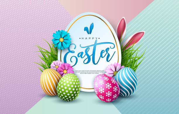Vector Illustration of Happy Easter Holiday with Colorful Painted Egg, Rabbit Ears and Spring Flower on Pastel Color Background. International Celebration Design with Typography for Greeting Card, Party Invitation or Promo Banner. Vector Illustration of Happy Easter Holiday with Colorful Painted Egg, Rabbit Ears and Spring Flower on Pastel Color Background. International Celebration Design with Typography for Greeting Card, Party Invitation or Promo Banner easter sunday stock illustrations
