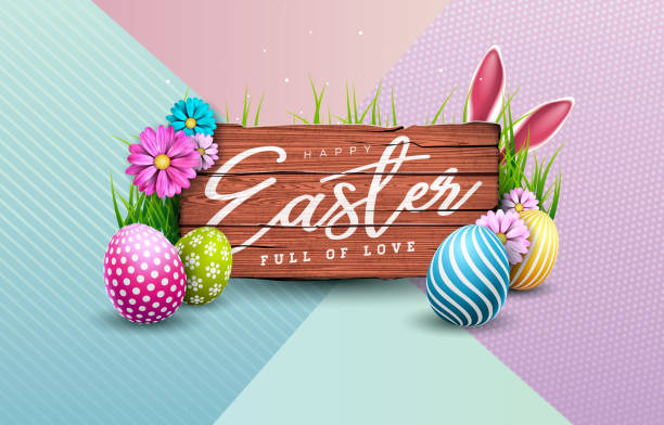 Vector Illustration of Happy Easter Holiday with Colorful Painted Egg, Spring Flower and Rabbit Ears on Abstract Pastel Background. International Celebration Design with Typography for Greeting Card, Party Invitation or Promo Banner. Vector Illustration of Happy Easter Holiday with Colorful Painted Egg, Spring Flower and Rabbit Ears on Abstract Pastel Background. International Celebration Design with Typography for Greeting Card, Party Invitation or Promo Banner easter sunday stock illustrations
