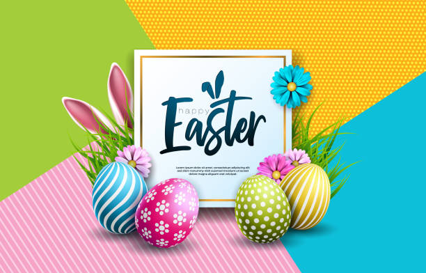 ilustrações de stock, clip art, desenhos animados e ícones de vector illustration of happy easter holiday with painted egg, rabbit ears and spring flower on colorful background. international celebration design with typography for greeting card, party invitation or promo banner. - pascoa