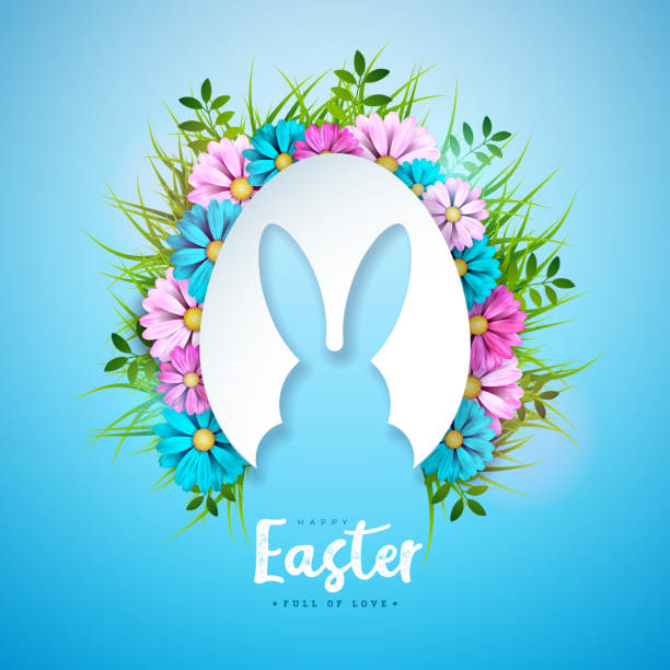 Vector Illustration of Happy Easter Holiday with Rabbit in Egg Shape and Spring Flower on Shiny Light Blue Background. Easter Day Celebration Design with Typography Letter for Flyer, Greeting Card, Banner, Holiday Poster or Party Invitation. Vector Illustration of Happy Easter Holiday with Rabbit in Egg Shape and Spring Flower on Shiny Light Blue Background. Easter Day Celebration Design with Typography Letter for Flyer, Greeting Card, Banner, Holiday Poster or Party Invitation easter sunday stock illustrations