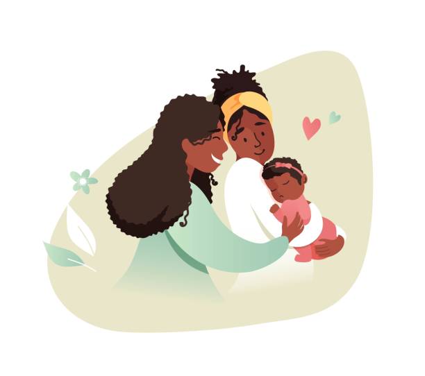 ilustrações de stock, clip art, desenhos animados e ícones de vector illustration of happy gay female couple holding adopted baby daughter in arms. - black mother