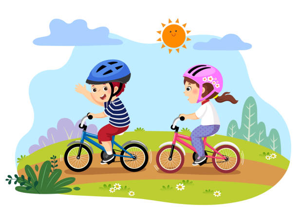 Vector illustration of happy kids riding bicycles in the park. Vector illustration of happy kids riding bicycles in the park. summer clipart stock illustrations