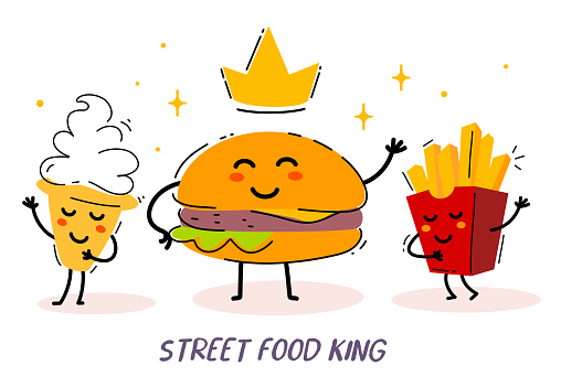 Vector illustration of happy royal burger character king and french fries with ice cream on white background.