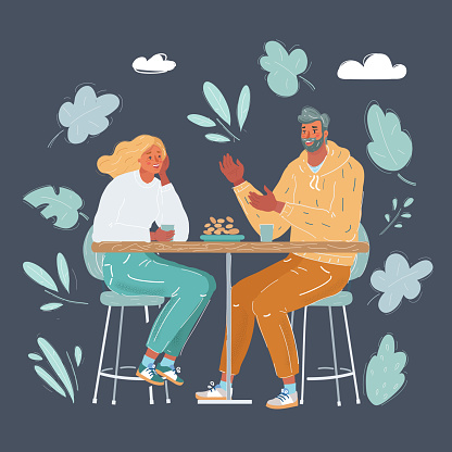 Vector illustration of Happy young couple in cafe, having a great time together on dark background.