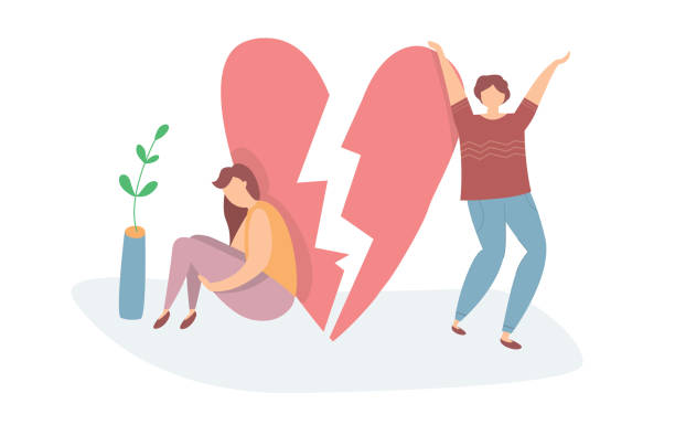 Vector illustration of Heartbroken Couple Parting. Sad woman and happy man. End of love and an abusive relationship Vector illustration of Heartbroken Couple Parting. Sad woman and happy man. End of love and an abusive relationship. divorce silhouettes stock illustrations