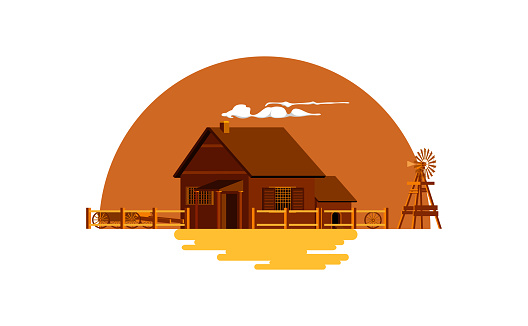 Vector illustration of high detailed western house and windmill.