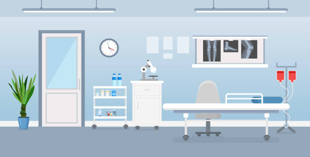 векторная иллюстрация интерьера больничной палаты с медицинскими инструментами, кроватью и столом. комната в больнице в плоском мультяшно - office background stock illustrations