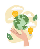 istock Vector illustration of human hand holding Earth globe, Recycle icon, light bulb, leaves and clouds. Concept of World Environment Day, Save the Earth, sustainability, ecological zero waste lifestyle 1326069515