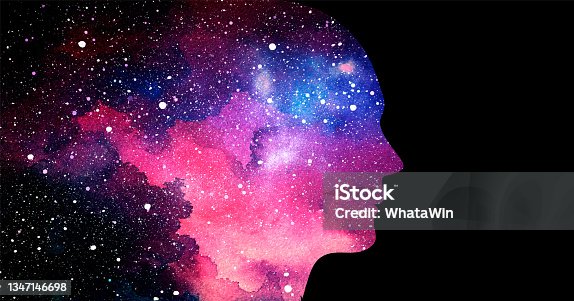 istock Vector illustration of human head on starry space background. Artificial intelligence or cosmic consciousness concept 1347146698