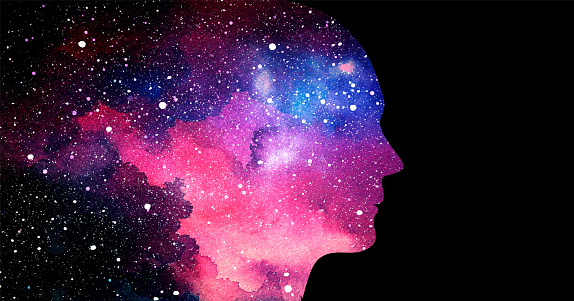 Vector illustration of human head on starry space background. Artificial intelligence or cosmic consciousness