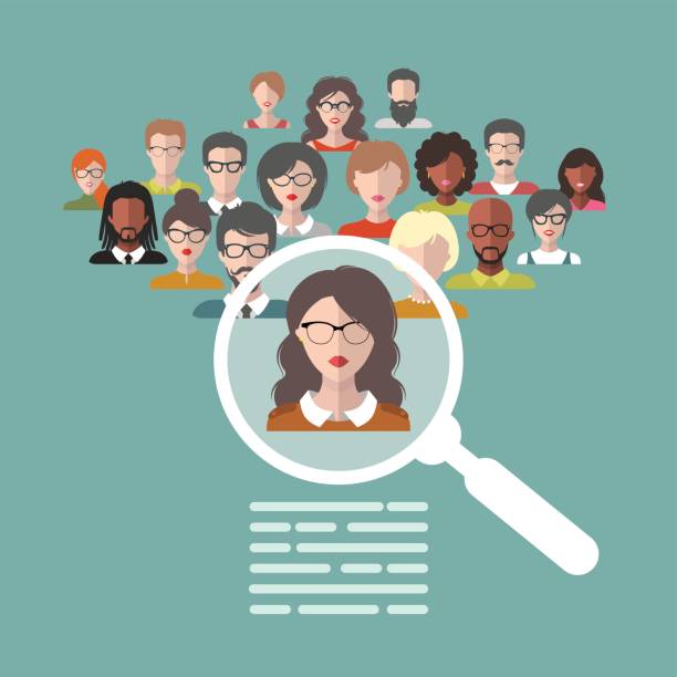 Vector illustration of human resources management, staff research, head hunter job with magnifying glass in flat style. Vector illustration concept of human resources management, professional staff research, head hunter job with magnifying glass in flat style. candidate stock illustrations