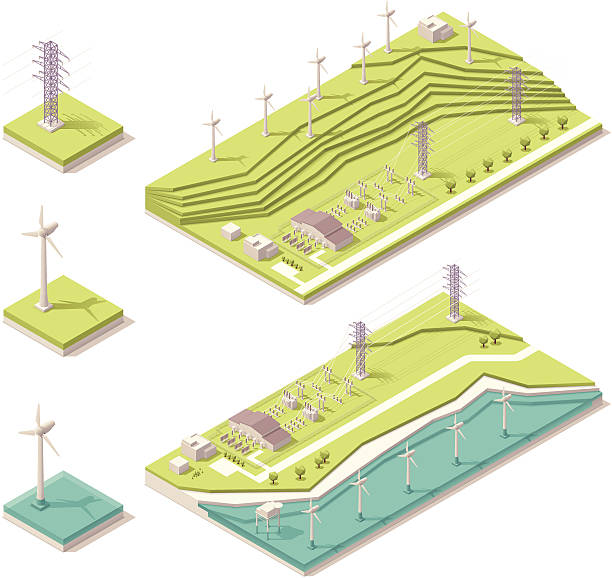 Vector illustration of isometric wind farm Vector isometric map representing offshore and onshore wind farms electricity substation stock illustrations
