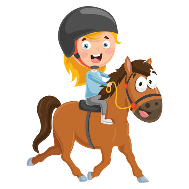 Vector Illustration Of Kid Riding Horse  pony stock illustrations