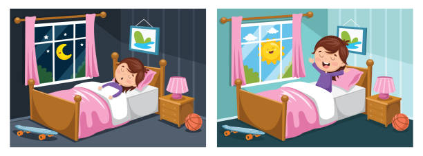 vektor-illustration von kind schlafen und aufwachen - ein mädchen allein stock-grafiken, -clipart, -cartoons und -symbole