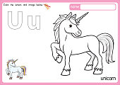 istock Vector illustration of kids alphabet coloring book page with outlined clip art to color. Letter U for Unicorn. 1321599378