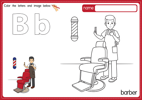 Vector illustration of kids alphabet coloring book page with outlined clip art to color. Letter B for Barber.
