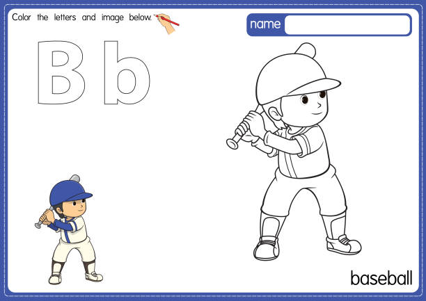 Vector illustration of kids alphabet coloring book page with outlined clip art to color. Letter B for Baseball. Vector illustration of educational alphabet coloring page with cartoon for kids. Uppercase and lowercase letter for coloring, tracing, writing, do-a-dot, sticker, cut and paste, kids learning page. alphabet clipart stock illustrations