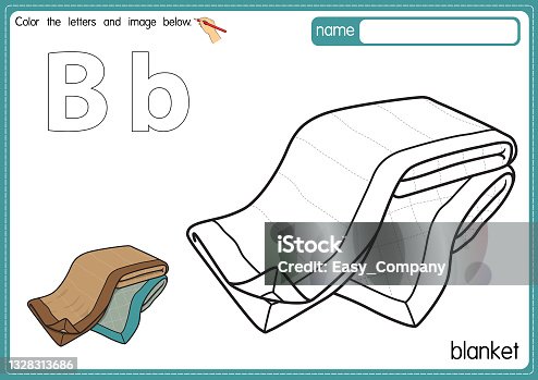 istock Vector illustration of kids alphabet coloring book page with outlined clip art to color. Letter B for Blanket. 1328313686