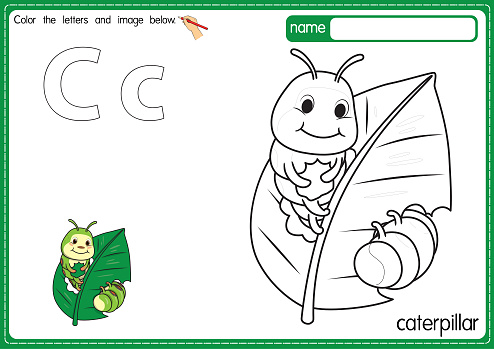 Vector illustration of kids alphabet coloring book page with outlined clip art to color. Letter C for Caterpillar.