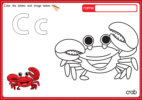 Vector illustration of kids alphabet coloring book page with outlined clip art to color. Letter C for Crab.