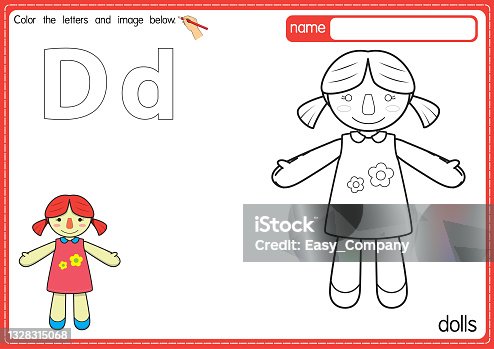 istock Vector illustration of kids alphabet coloring book page with outlined clip art to color. Letter D for Dolls. 1328315068