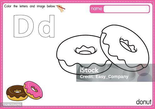 istock Vector illustration of kids alphabet coloring book page with outlined clip art to color. Letter D for Donut. 1328315090