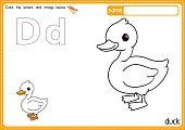 istock Vector illustration of kids alphabet coloring book page with outlined clip art to color. Letter D for Duck. 1328315143