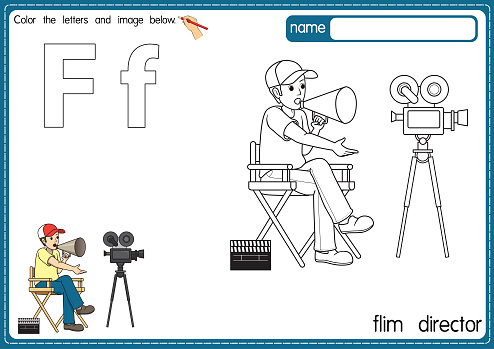 Vector illustration of kids alphabet coloring book page with outlined clip art to color. Letter F for Film director.
