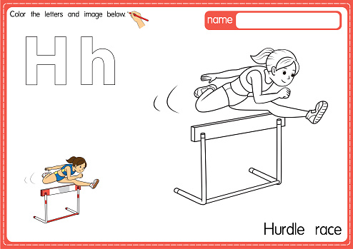 Vector illustration of kids alphabet coloring book page with outlined clip art to color. Letter H for Hurdle race.