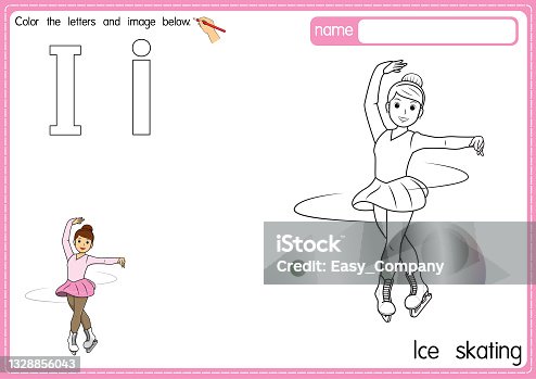 istock Vector illustration of kids alphabet coloring book page with outlined clip art to color. Letter I for Ice skating. 1328856043