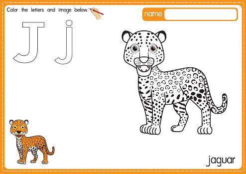 Vector illustration of kids alphabet coloring book page with outlined clip art to color. Letter J for  Jaguar.