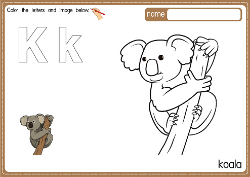 Vector illustration of kids alphabet coloring book page with outlined clip art to color. Letter K for  Koala.