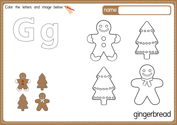 Vector illustration of kids alphabet coloring book page with outlined clip art to color. Letter G for Gingerbread. Vector illustration of educational alphabet coloring page with cartoon for kids. Uppercase and lowercase letter for coloring, tracing, writing, do-a-dot, sticker, cut and paste, kids learning page. gingerbread man coloring page stock illustrations