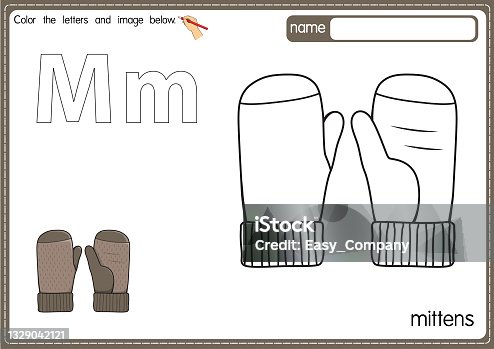 istock Vector illustration of kids alphabet coloring book page with outlined clip art to color. Letter M for  Mittens. 1329042121