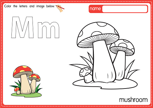 Vector illustration of kids alphabet coloring book page with outlined clip art to color. Letter M for  Mushroom.