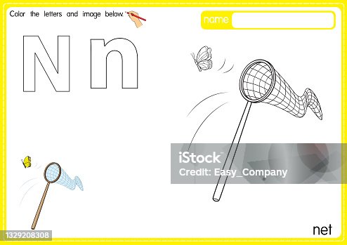 istock Vector illustration of kids alphabet coloring book page with outlined clip art to color. Letter N for  net. 1329208308