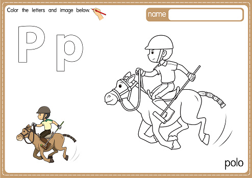 Vector illustration of kids alphabet coloring book page with outlined clip art to color. Letter P for  Polo.