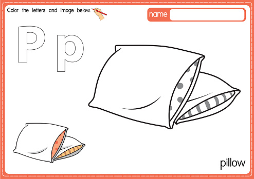 Vector illustration of kids alphabet coloring book page with outlined clip art to color. Letter P for  Pillow.