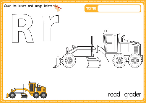 Vector illustration of kids alphabet coloring book page with outlined clip art to color. Letter R for  Road grader.