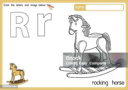 istock Vector illustration of kids alphabet coloring book page with outlined clip art to color. Letter R for  Rocking horse. 1329301281