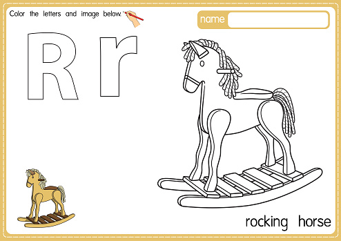Vector illustration of kids alphabet coloring book page with outlined clip art to color. Letter R for  Rocking horse.