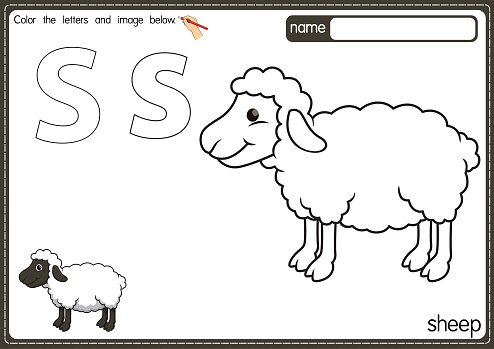 Vector illustration of kids alphabet coloring book page with outlined clip art to color. Letter S for Sheep.