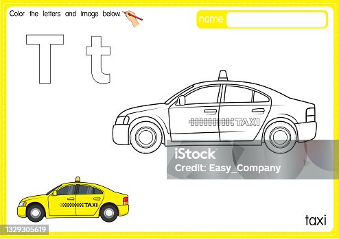 istock Vector illustration of kids alphabet coloring book page with outlined clip art to color. Letter T for Taxi. 1329305619