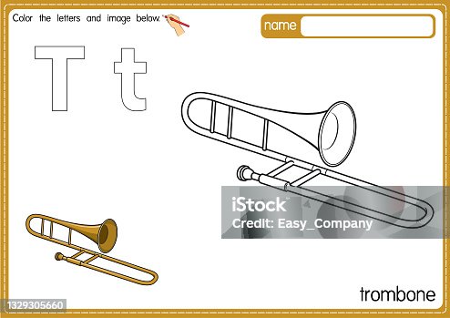 istock Vector illustration of kids alphabet coloring book page with outlined clip art to color. Letter T for Trombone. 1329305660
